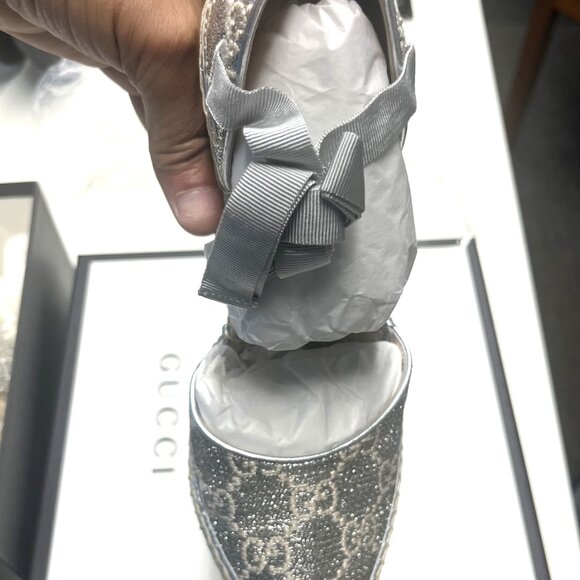 GUCCI SHOES HERITAGE PILAR LAME SILVER GG PLATFORM ESPADRILLE WEDGES 38.5 US 8 - Picture 15 of 16